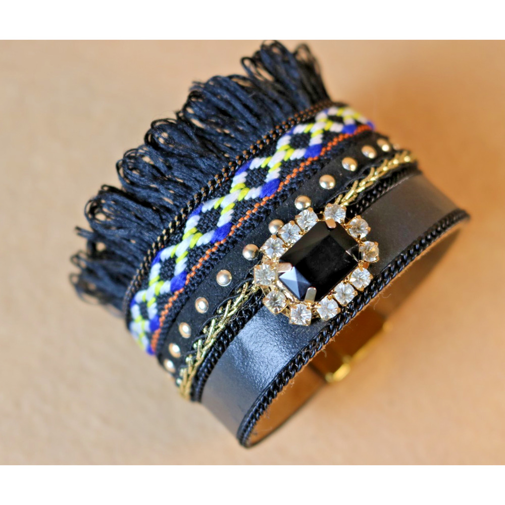 Laura Janelle wrist cuff magnetic Brass boho SW Fringe Black Blue stone crystals